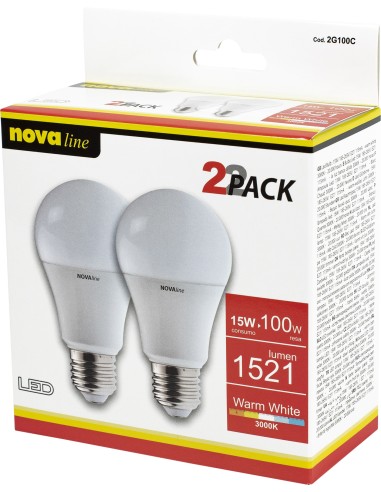 NOVALINE 2G100C LED E27 2PACK 15W  3000K L.CALDA 1521LUMEN GOCCIA