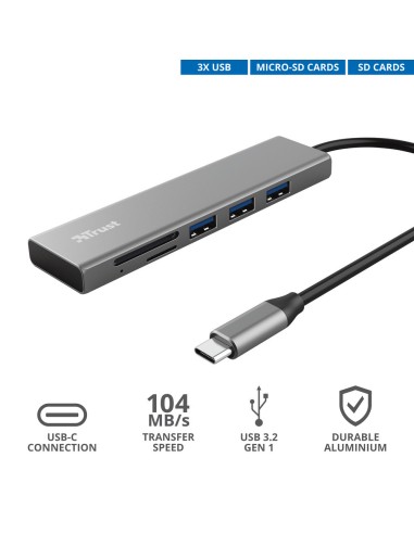 TRUST 24191 HALYX USB-C 3PORT USB 3.2 HUB CARD READER ALLUMINIO