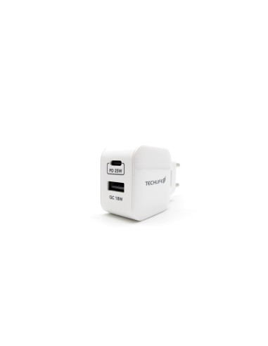 TECHLIFE TLMT0016 ALIMENTATORE RETE USB+USB-C 25W QUICK CHARGE 3.0